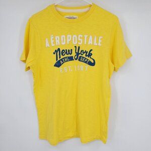 Aeropostale Y2K Men's Yellow Embroidered Graphic Short Sleeve Crewneck Shirt Med
